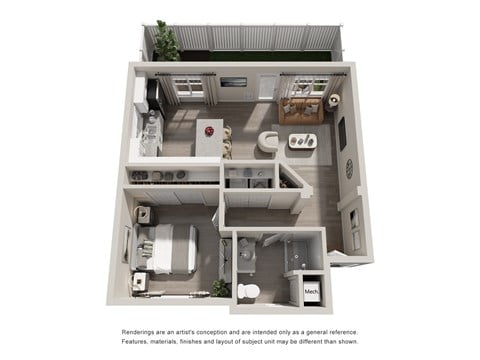 Floor plan for 1 bed, 1 bath, 647 sqft